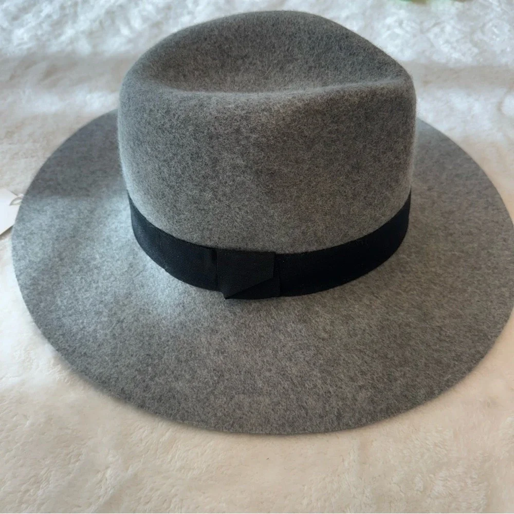 NWT Nordstrom Floppy Wool Panama Hat Gray w/ Black Ribbon Band One Sz Adjustable